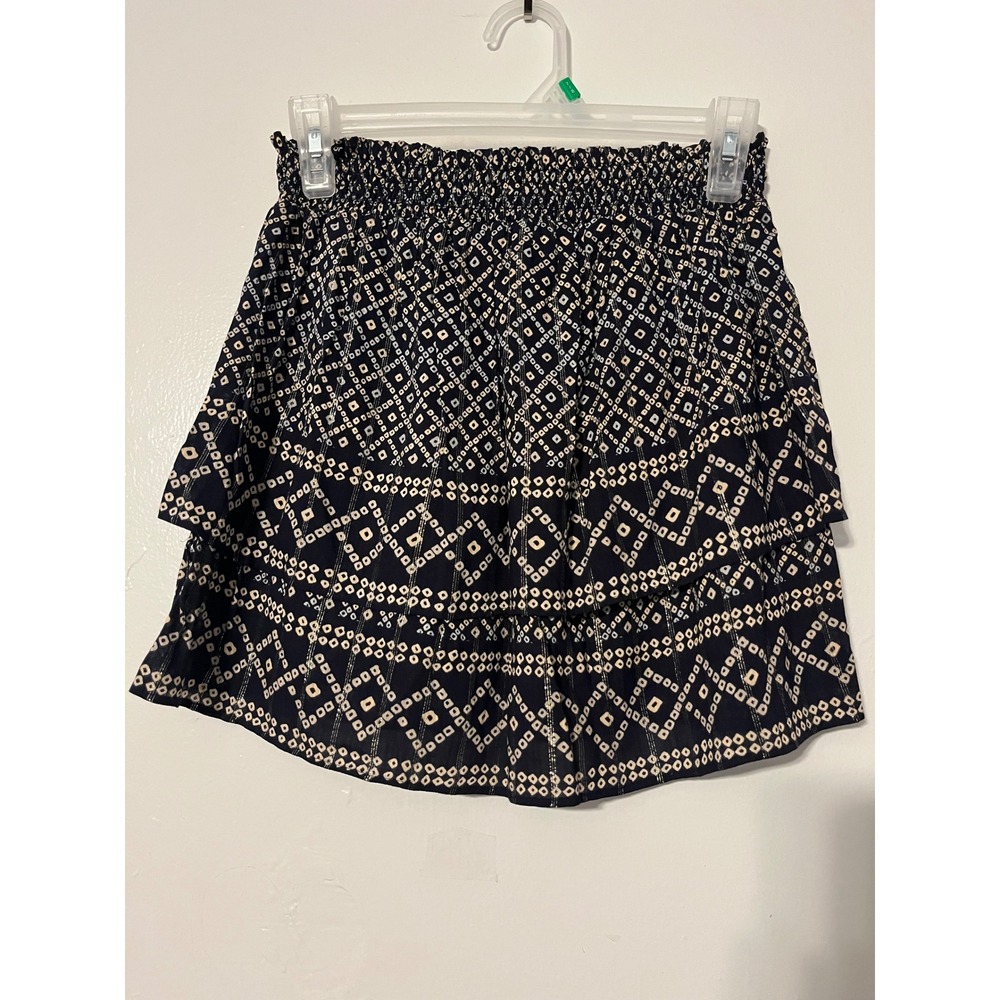 Loft Navy Blue Geometric Smocked Tiered‎ Mini Skirt Metallic Gold Shimmer Small